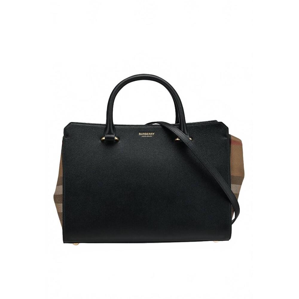 NEW BURBERRY women's banwell small leather check tote bag in black